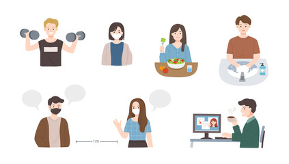 Collection protect for you and everyone. Wear a face mask, Wash your hands often, Eat healthy food, Keep fit and positive, Social distancing, Working at home and stay in online. Healthy lifestyle.