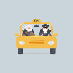 Taxi driver and elderly woman in protective medical masks sitting in front seat in cab seen through windshield.Old lady using taxicab services during virus epidemic. Flat colourful vector illustration