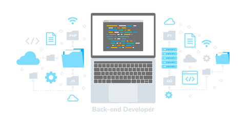 Back-end Back end Developer Flat Vector Illustration, Suitable for Web Banners, Infographics, Book, Social Media, And Other Graphic Assets