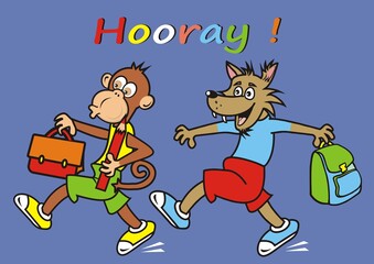 Hooray, monkey and  wolf, humorous vector illustration