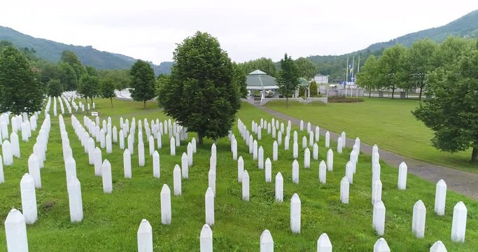 Srebrenica, Bosnia-Herzegovina, June 01 2020: Srebrenica-Potocari memorial and cemetery for the victims of the 1995 massacre, aerial view.