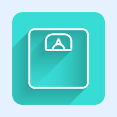 Obraz premium White line Bathroom scales icon isolated with long shadow. Weight measure Equipment. Weight Scale fitness sport concept. Green square button. Vector Illustration.