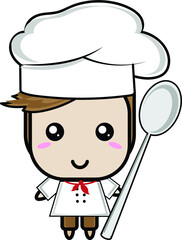 Little funny cook boy in a white cook hat holds a large spoon in his hand.