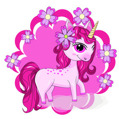 Magic unicorn Lovely pink flowers, sweet and bright style, to be used for printing for t-shirts, glass, romantic hand drawn illustrations for children.