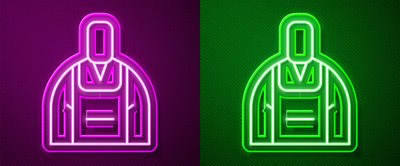 Glowing neon line Barista icon isolated on purple and green background. Vector Illustration.