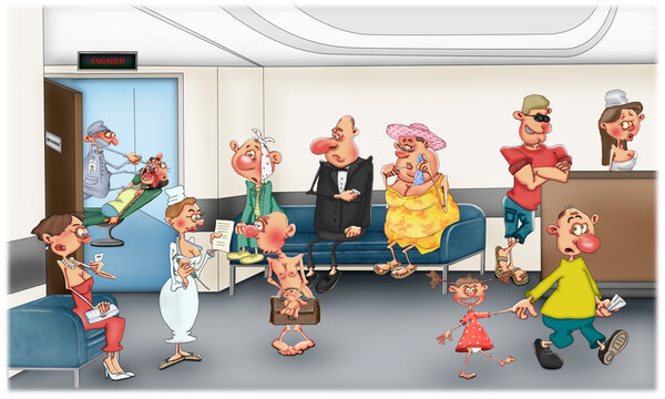 Dental clinic. Patients in the waiting room at the entrance to the dentist's office. Humorous illustration.