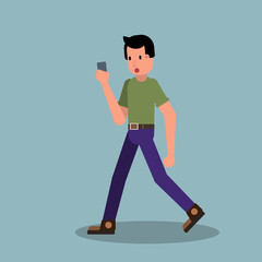 Surprised young walking man with smartphone chatting and answering phone call. Stock vector illustration in flat.