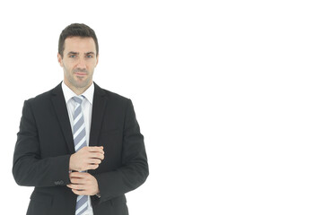 Handsome and smart businessman in black suit isolated on white background. Copy Space