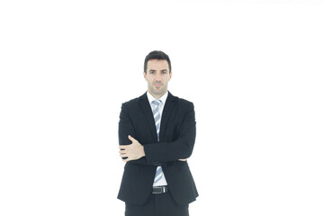 Handsome and smart businessman in black suit isolated on white background. Business and Finance concept. Copy Space