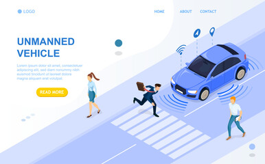 Unmanned vehicle with automatic self-driving system on the street. The car passes on a crosswalk. A man runs over a zebra. An unmanned vehicle responds to a pedestrian. Isometric Vector Illustration