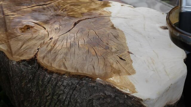 Deep etching of wood before painting. Coating wood with mordant.