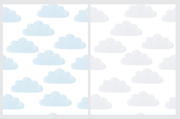 Fluffy Clouds Vector Pattern. Irregular Hand Drawn Simple Cloudy Sky Print for Fabric, Textile, Wrapping Paper. Repeatable Sky Design. Blue and Gray Clouds Isolated on a White Background. 