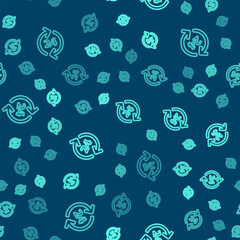 Green line Telephone 24 hours support icon isolated seamless pattern on blue background. All-day customer support call-center. Full time call services. Vector Illustration.