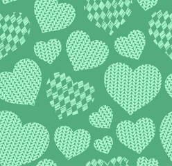 Hearts, seamless pattern, knitted, green. Knitted green hearts on a green field. Decorative flat image. Vector.  