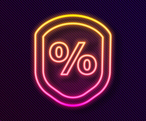 Glowing neon line Loan percent icon isolated on black background. Protection shield sign. Credit percentage symbol. Vector Illustration.