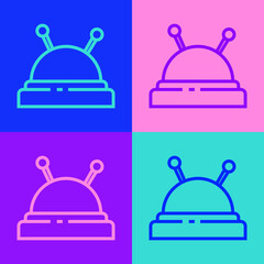 Pop art line Needle bed and needles icon isolated on color background. Handmade and sewing theme. Vector Illustration.