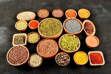 black, dark, bowl, colorful, cooking, spice, ingredient, dry, condiment, flavor, aroma, powder, aromatic, various, cuisine, collection, different, indian, seasoning, color, spicy, taste, chili, variet