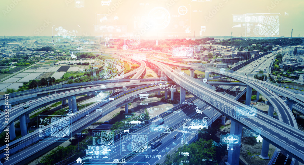 Aufkleber 交通とテクノロジー　高速道路のジャンクション空撮とネットワークイメージ　its　maas