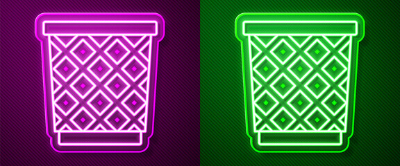 Glowing neon line Trash can icon isolated on purple and green background. Garbage bin sign. Recycle basket icon. Office trash icon. Vector Illustration.