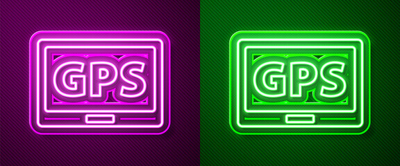 Glowing neon line Gps device with map icon isolated on purple and green background. Vector Illustration.