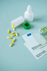 Medical costs. The concept of high drug costs. Place for text. 100 euro banknotes. Increasing the cost of health.
