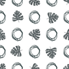 Seamless pattern with hand drawn leaves and circles, vector illustration