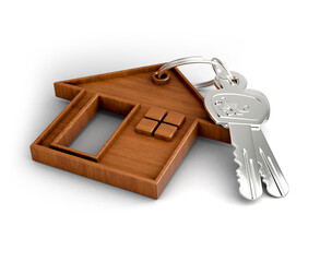 Silver key with wooden house isolated on white. Key to a new wooden home concept. Mortgage concept. 3d rendering