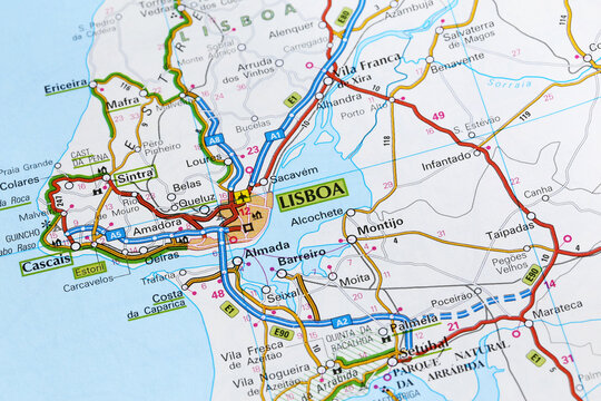 Lisboa city road map area. Closeup macro view of Lisbona in Portugal