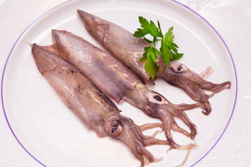 squid or cuttlefish on white plate with parsley