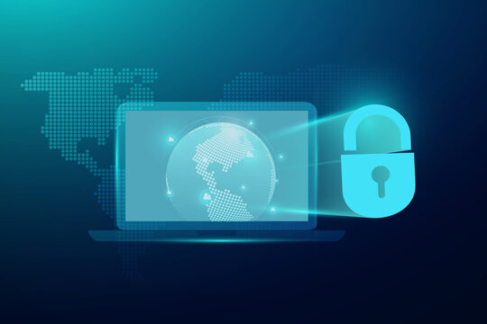 Global Network Connection With Key Security Laptop And World Map Line, Vector Illustrator