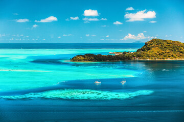 Bora bora Tahiti travel honeymoon destination luxury resort holiday aerial landscape in French...