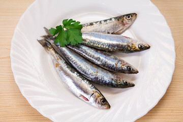 plate of fresh sardines with parsley on the plate
