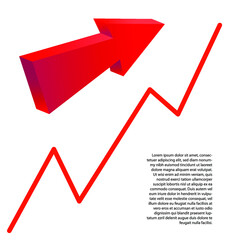 Increasing trend line with red large 3D arrow pointing in direction of rising fluctuating line, add text description, bright color, data pattern with arrow vector, webinar, digital conference call, ad
