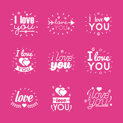 I love you texts flat style icon set vector design