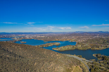 Fototapeta na wymiar Aerial panoramic view of Lake Burley Griffin in Canberra, the Capital of Australia on a sunny day 