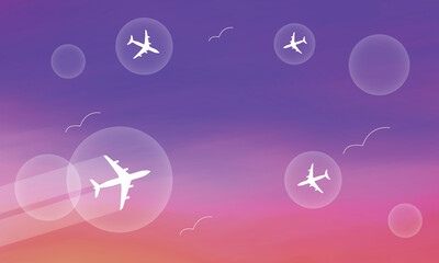 Bubble travel Airplane white smoke contrail tail in bubble colourful background vector