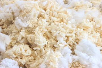 Top view of yellow and white cotton wool. Wool texture background. 