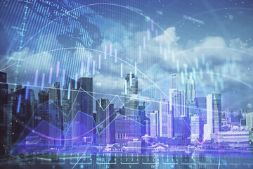 Forex chart on cityscape with skyscrapers wallpaper multi exposure. Financial research concept.