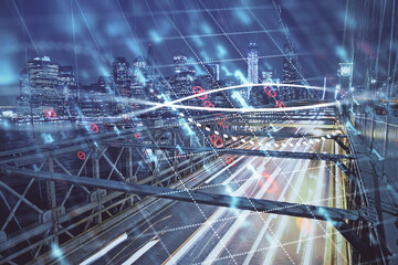 Forex chart on cityscape with tall buildings background multi exposure. Financial research concept.