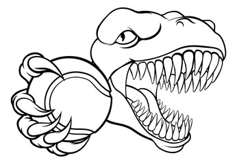 A dinosaur T Rex or raptor tennis player cartoon animal sports mascot holding a ball in its claw