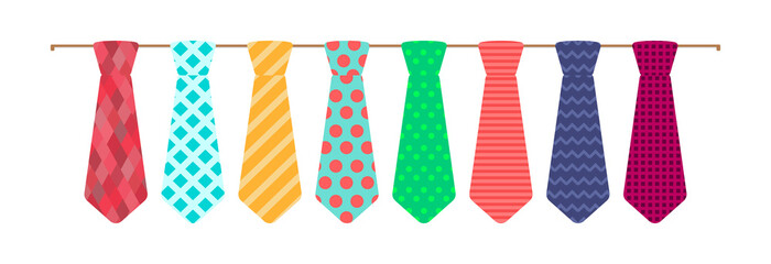 Men's ties in different styles and colors on a white background.