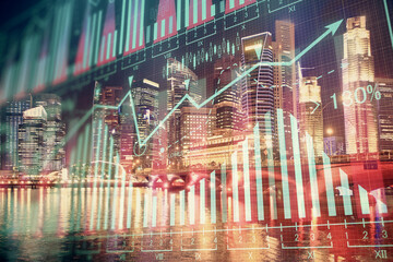 Financial chart on city scape with tall buildings background multi exposure. Analysis concept.