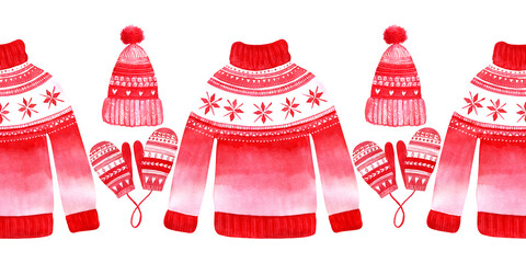 Watercolor seamless border with winter sweaters, hats and mittens. Christmas clothing