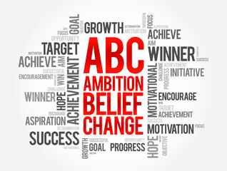 ABC - Ambition Belief Change word cloud, business concept background