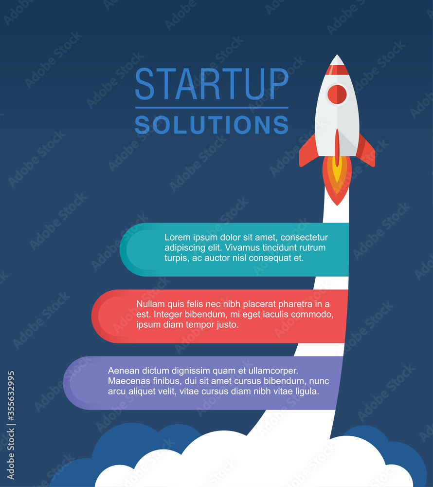 Poster startup infographic concept with three step by step solutions and space rocket launch - vector templ