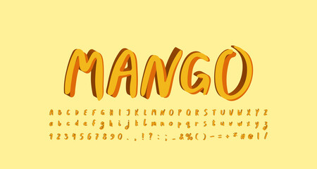 Modern alphabet paintbrush font. Uppercase and lowercase letters, numbers. Original lettering style for mango food marketing. Vector illustration