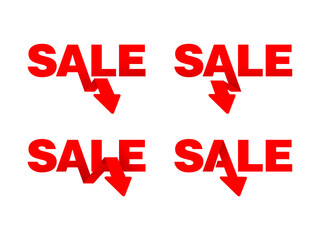 Sale word with integrated graphic accent - arrow down  - set of red vector tags or stickers - promo element for sales, special offers, marketing and other commercial purpose 