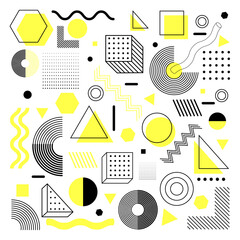 Universal trend halftone geometric shapes set juxtaposed with bright light yellow elements composition. Design this elements perfect for Magazine, leaflet, billboard, sale