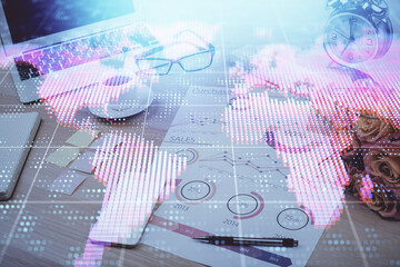 Double exposure of business theme icons and work space with computer background. Concept of success.