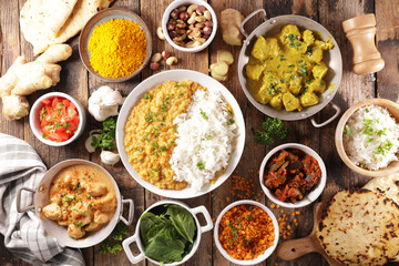 assorted indian food cuisine- curry food,rice, chicken assorted - obrazy, fototapety, plakaty
